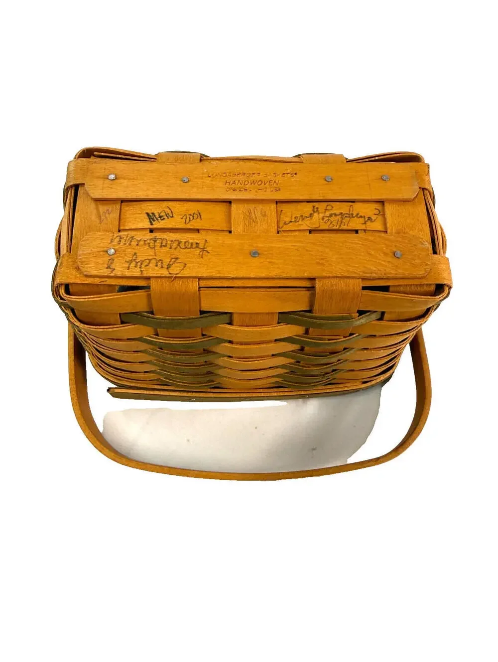 2001 Longaberger Dresden Green Weave Basket w/Swinging Handle USA Signed